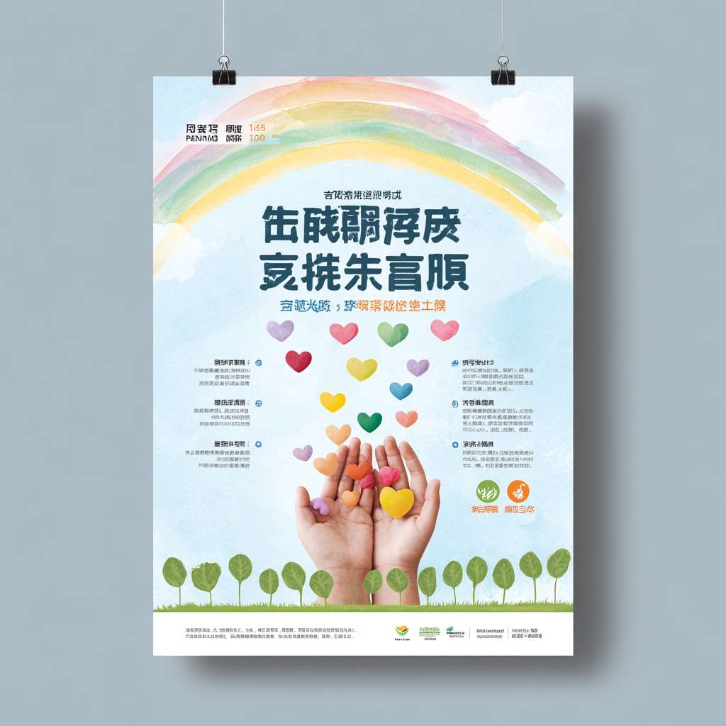 “Chinese welfare lottery poster, A4 vertical, picture-book watercolor style, soft pastel blue #B3E5FC to white gradient background, big gentle hand in center holding 7 small heart-shaped seeds in rainbow colors, seeds flying up and forming a light rainbow arc overhead, 7 sunshine rays in childlike crayon yellow #FFEC3D from top, tiny white text on rays: pension, disability, orphan, poverty, medical, education, eco, bottom green sprout line with 5 simple icons, main title ‘每注善举,都是希望的阳光’ in bold dark blue #1A237E with soft yellow shadow, subtitle below, high-res 300 dpi, bright and hopeful, no money symbols” --ar 1:1 --v 7 --stylize 100 --fast --no 水印