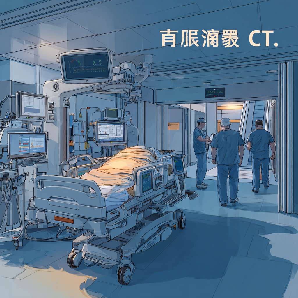现代医院ICU走廊场景，科技感，浅蓝色调，整洁明亮。一名重症患者躺在智能移动床上，床体配备激光雷达和传感器，正在自动导航。床尾配有平板显示频显示患者生命体征和路径规划图，一名护士手持平板电脑远程监控。移动床正在避开一名路过的医生。背景有电梯和指示牌，显示“CT”。风格写实，细节精致，光线柔和，有医疗科技感。 --ar 1:1 --v 7 --stylize 100 --fast --no 水印