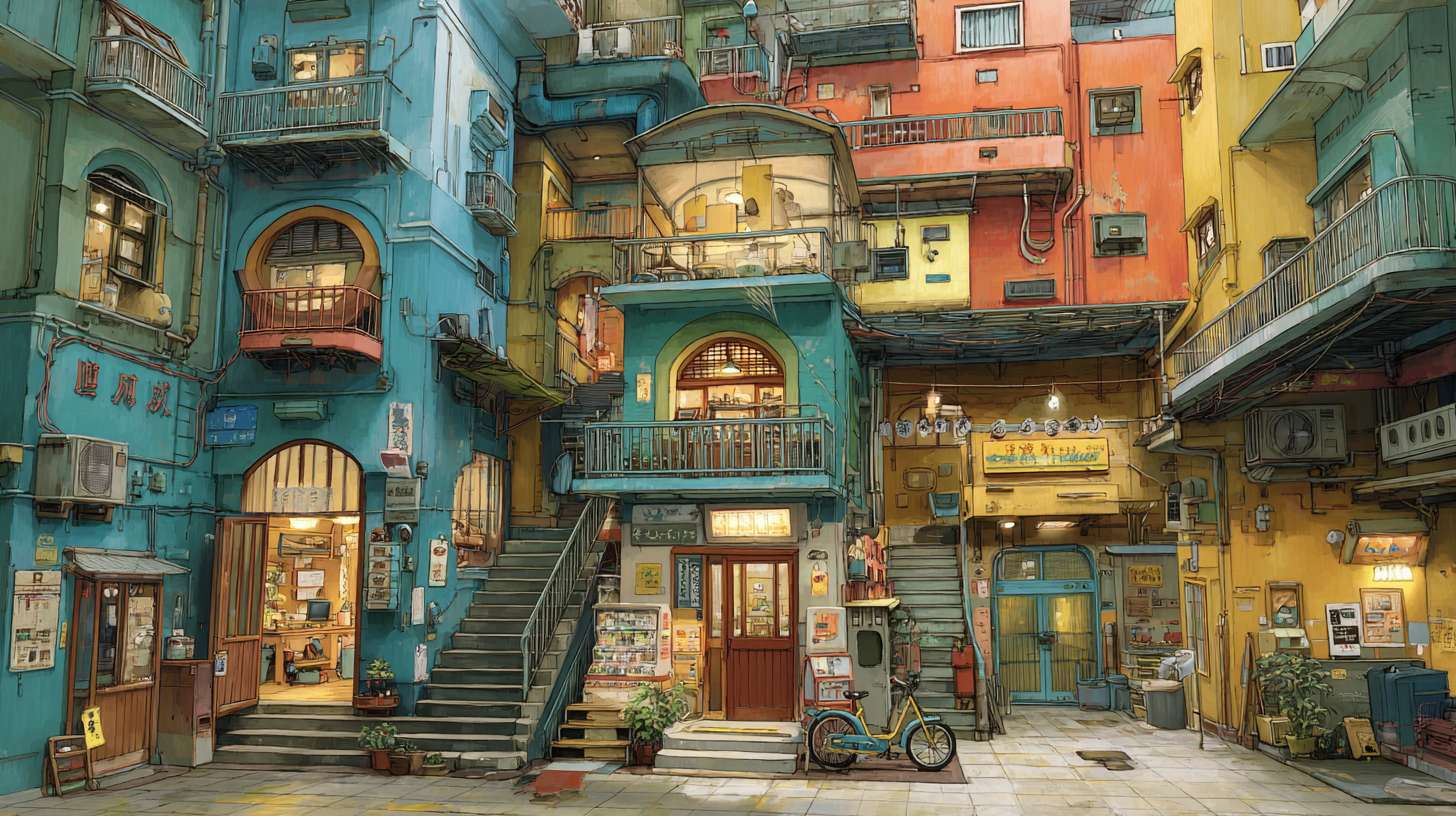 卡通街区，宫崎骏风格，商场室内，不超一层楼高度 --ar 16:9 --v 7 --stylize 100 --fast --no 水印