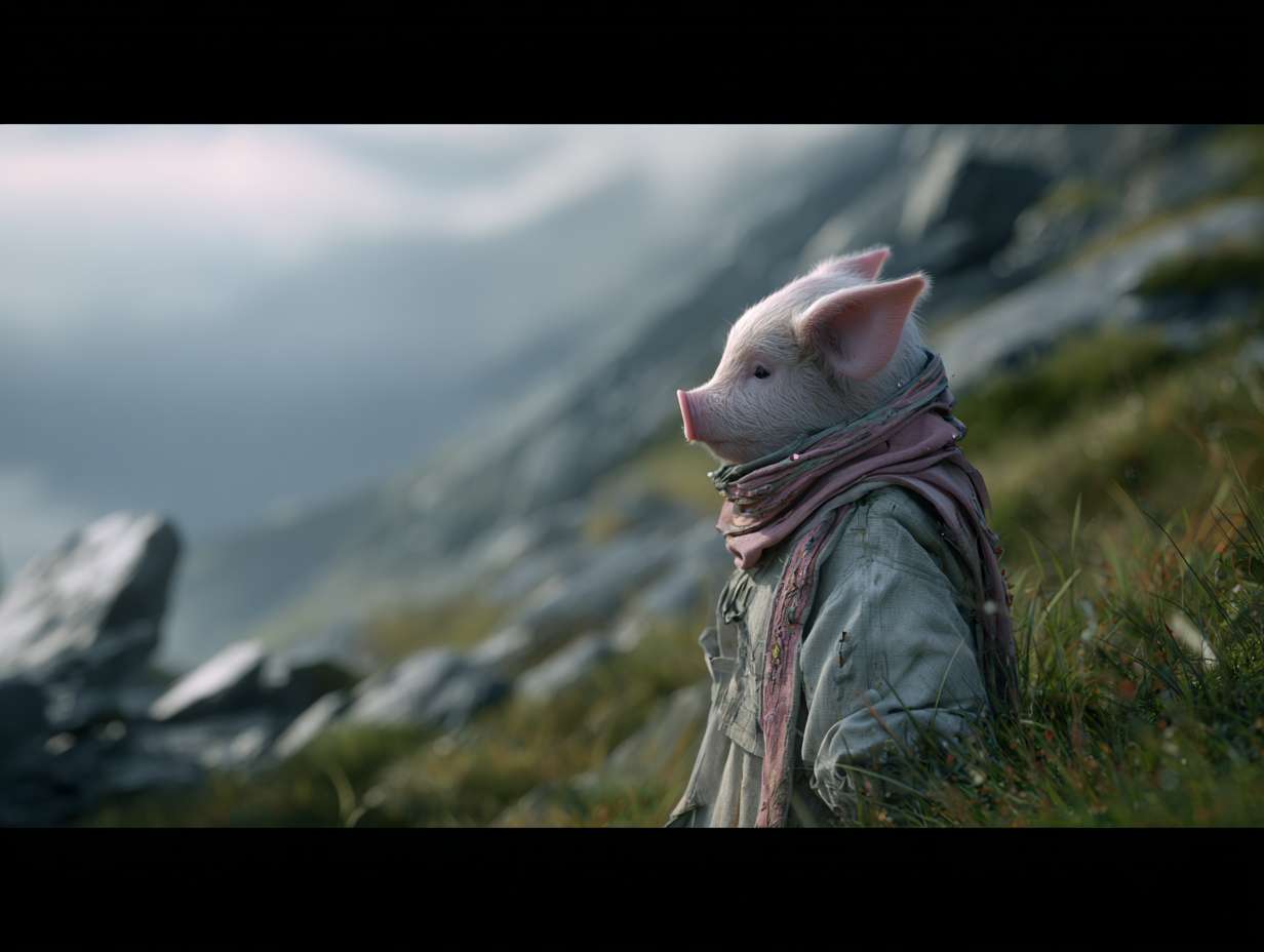 Photorealistic cinematic image，A pale pink pig on the grass next to the mountaintop, facing away from the camera,it also it's a scarf around it head, which is partially covering it face, giving her a mysterious look.Overall, these images convey a sense of desolation and grandeur, possibly telling a story about adventure, and emotional expressions all suggest that this may be a work with a strong narrative and visual impact,with a rocky mountain range behind it, and fog connecting the mountain range, full of warm colors and ultra high definition real materials，Ultra wide view shot， highly detailed photo. --ar 4:3 --v 7 --style raw --stylize 100 --fast