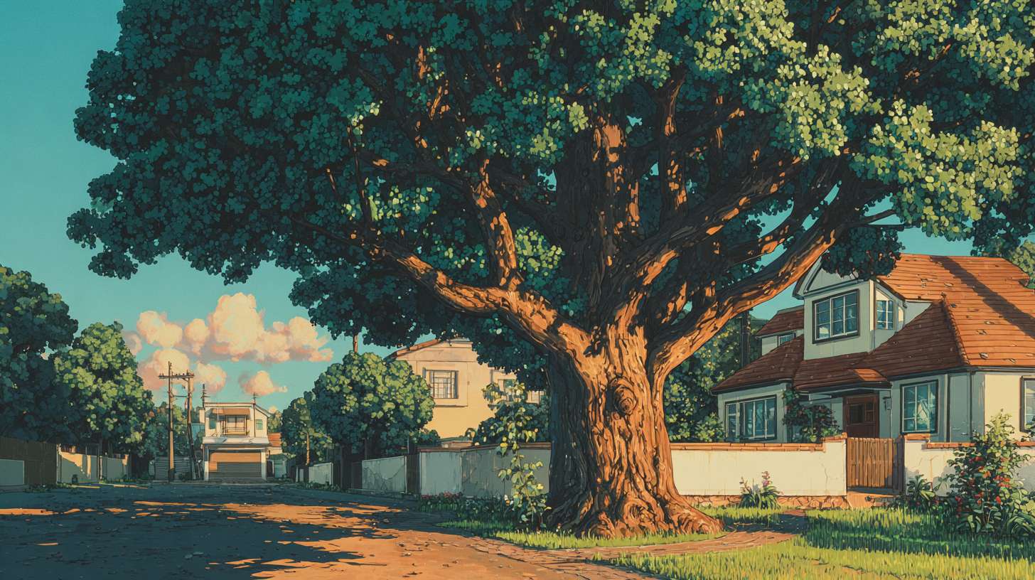 小区内的绿荫，有一颗大树动画片风格 --ar 16:9 --v 7 --stylize 100 --fast --no 水印