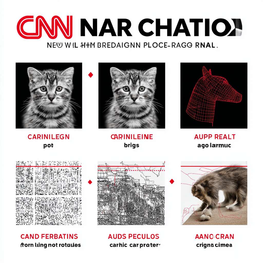 根据以下描述绘制CNN原理图示:可以把CNN想象成一组的“放大镜”,它看图片是分好几层、一步一步仔细看的,每一层关注的点都不一样:
第1层:找“边边角角”(初级特征)
怎么找? 用很多的“放大镜”(卷积核)在图片上滑动扫描。
找什么? 最简单的线条:横线、竖线、斜线、弯弯的线,或者颜色突然变化的地方。
好比: 你离远点看一张猫狗图,只能看到大概的轮廓和明显的色块边界。
结果: AI得到一堆“边缘图”和“斑点图”。
第2层:拼出“小零件”(中级特征)
怎么拼? 把第一层找到的简单线条组合起来。
拼什么? 稍微复杂一点的图案形状:比如一个弯钩(可能是猫耳朵尖)、一个圆圈(可能是狗眼睛)、几条线交叉(可能是腿的轮廓)。
好比: 走近一点,你能看到猫的尖耳朵、狗的长鼻子、眼睛、大概的四肢位置。
结果: AI识别出一些更具体的局部形状。
第3层及以后:组合成“关键部件”(高级特征)
怎么组合? 继续把第二层发现的“小零件”进行更复杂的组合。
组合什么?如猫特征:尖尖的耳朵组合(可能)、更圆的瞳孔(可能)、特定的脸型轮廓、独特的毛发纹理。
好比: 你凑得很近或者很熟悉猫狗,能一眼认出“哦,这是典型的猫脸三角结构”。
结果: AI找到了能代表“猫性”的关键视觉组件。
🧩 最后一步:综合判断(全连接层)
收集线索: 前面所有层找到的从简单到复杂的“特征线索”,都汇总到这里。
“开会”决策: AI像侦探一样,把这些线索(尖耳朵?圆眼睛?长鼻子?短毛?脸型?)放在一起掂量。
计算概率:
如果线索组合起来更像它以前“学过”的猫的特征,它就输出“这是猫的概率很高”。
得出结论: “我认为这张图里是猫!” 。 --ar 1:1 --v 7 --stylize 100 --fast --no 水印