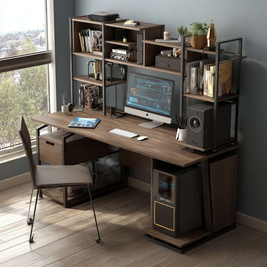 给我一个电脑桌搭的整体图，区域长度180*85。要有椅子。要提现细节，电脑机箱是海景房样式的，要放电脑桌面上。电脑桌要有置物架。置物架第二层要放一个哈曼卡顿音响。桌子上要有水杯，小垃圾桶。纸巾。键盘鼠标。手机，插板上插着手机充电器。还有平板。 --ar 1:1 --v 7 --stylize 100 --fast --no 水印