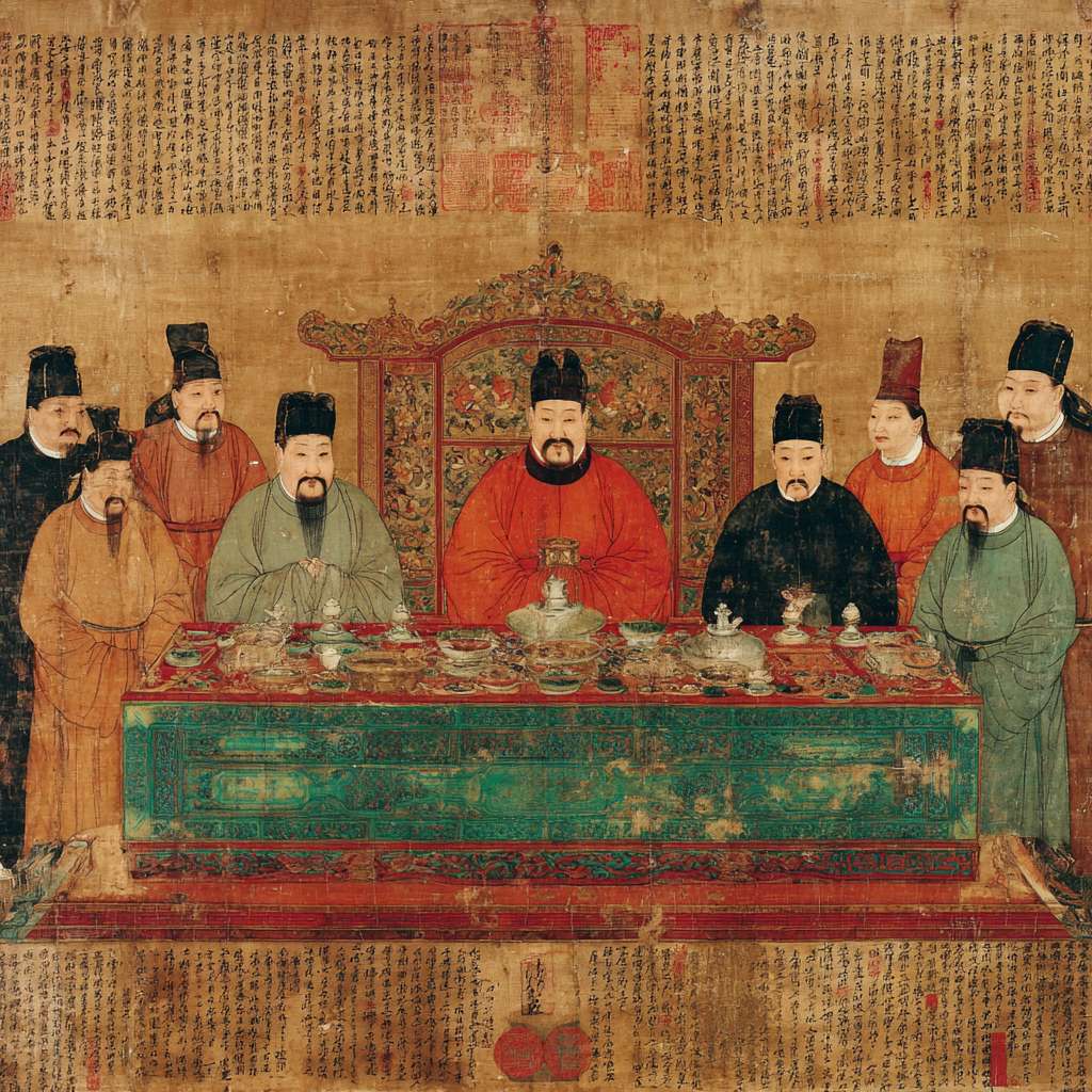 "中国水墨画风格，吴越王钱俶向宋太宗献图，宋代宫殿背景，工笔重彩，钱俶手捧舆图躬身而立，宋太宗端坐龙椅，周围大臣肃立，淡雅青绿设色，留白处题诗，古典印章，历史场景。" --ar 1:1 --v 7 --stylize 100 --fast --no 水印