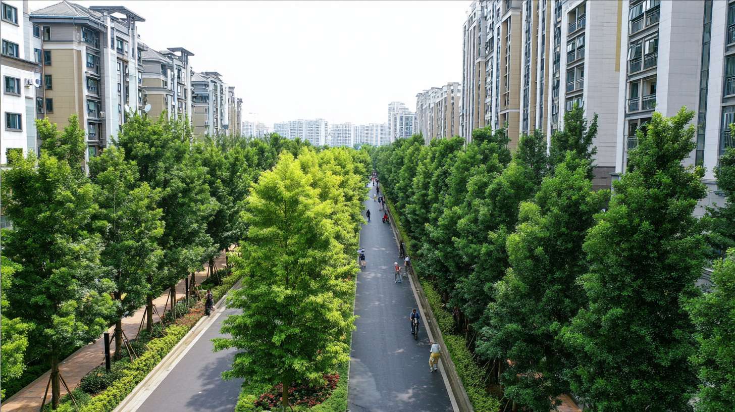 画面是充满生机的城市绿化景观：郁郁葱葱的行道树、小区内的绿荫、市民在树下休憩。 --ar 16:9 --v 7 --stylize 100 --fast --no 水印