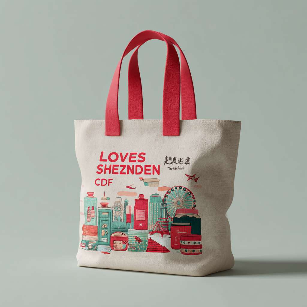 A realistic 3D rendering of a fashionable tote bag in use. The bag is made of off-white canvas fabric with vibrant red handles. The front side clearly shows the modern, colorful illustration of cosmetics, liquor bottle, watch, and city icons (airplane, ship, ferris wheel) with the text "LOVES SHENZHEN". The back shows the simple "cdf会员购" logo. The bag is photographed in a well-lit urban setting, showcasing its texture, style, and youthful, vibrant vibe. Professional product photography, high detai --ar 1:1 --v 7 --stylize 100 --fast --no 水印