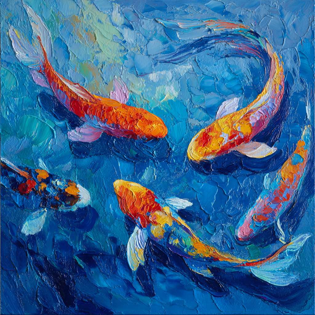 Surreal koi in blue water amid 五彩光影,thick impasto for water, thin lines for fish, oil.
Vibrant underwater scene: blue water, 五彩光影,and dynamic koi, 粗笔触 for texture, 细笔触 for agility, abstract.
Dreamlike blue water with rippling color and sinuous koi, expressive brushwork capturing motion, oil. --ar 1:1 --v 7 --stylize 100 --fast --no 水印