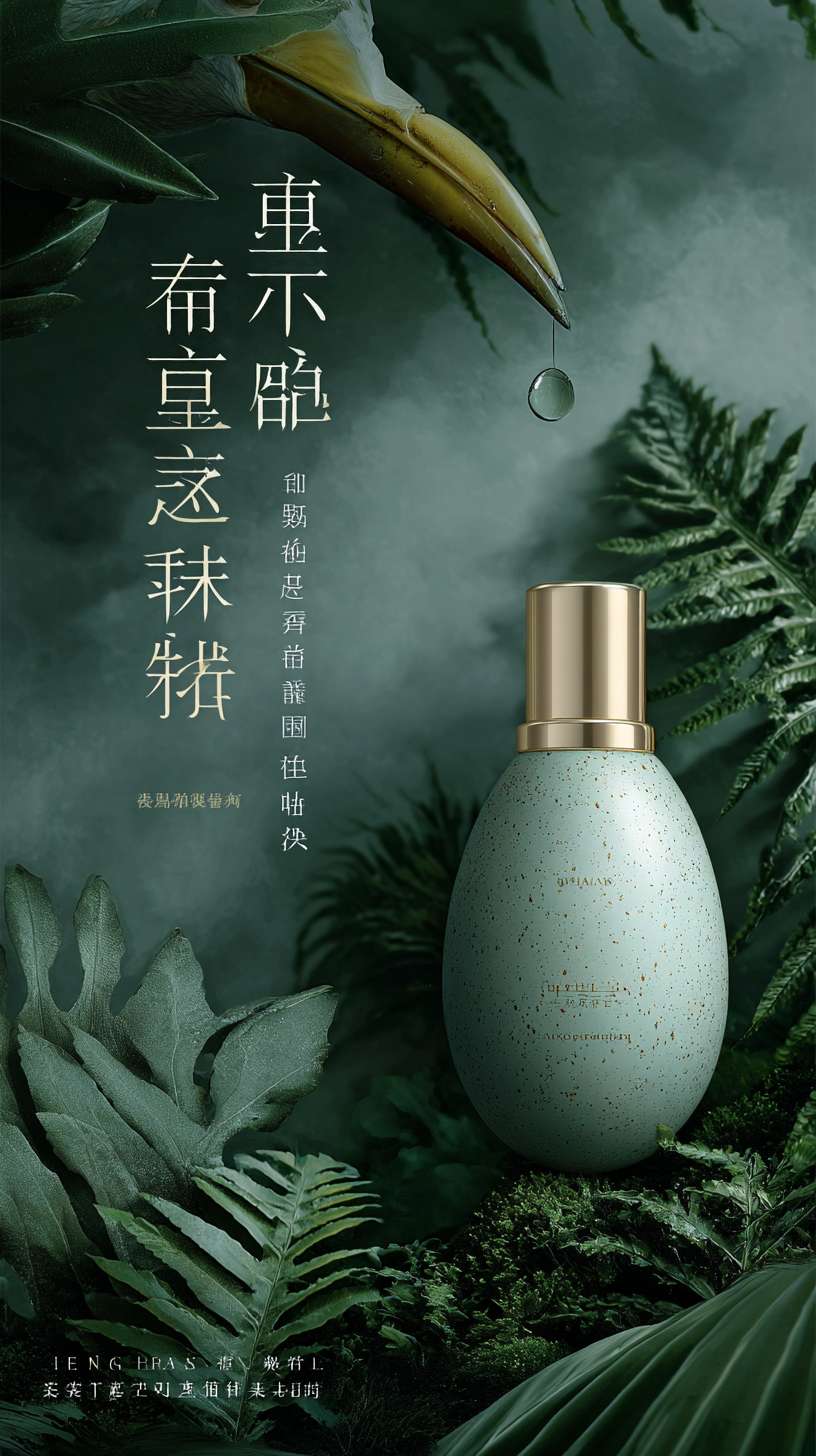 主体用 30° 斜角微距呈现半枚海鸭蛋，青灰渐变蛋壳带细小结晶体光泽，营造潮汐冲刷的天然肌理；
背景以晨雾为底，缀淡金霞光、潮汐波纹与叶片剪影，强化朦胧意境；
采用 4:5 画幅不对称构图，左侧留白更多，文字以压纹工艺隐于画面，通过 “隐而未显” 的细节传递自然生长的高级感。 --ar 9:16 --v 7 --stylize 100 --fast --no 水印