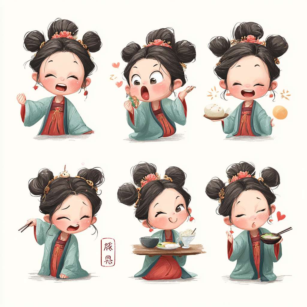 穿着汉服的小女孩，两只兔子耳朵，古典精致，全身图，9种姿势和表情，打招呼，谢谢，睡觉，离开，抱抱，可爱，伤心，大笑，失望，害羞，困倦，吃饭，头晕，表达爱意等，卡通动漫风格，九宫格，一个网格一个表情，不显示网格线 --ar 1:1 --v 7 --stylize 100 --fast --no 水印