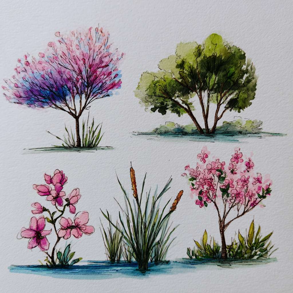 请画一幅关于杨浦滨江的简笔画，滨江边上有马尾草、绣球花、粉黛乱子草、蒲苇、水杉树，绿树环绕 --ar 1:1 --v 7 --stylize 100 --fast --no 水印