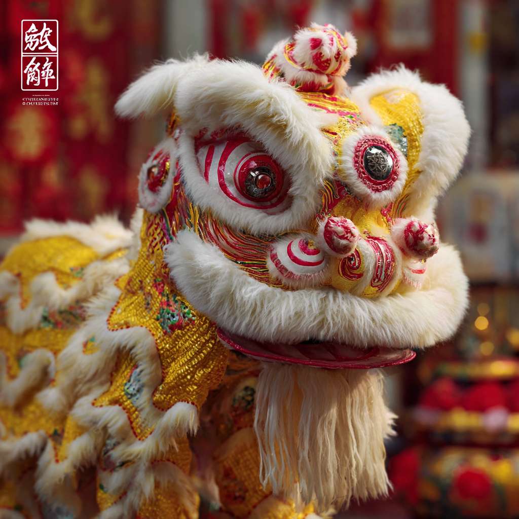 一只传统威严的中国南派醒狮，刘备狮，黄脸，白眉，白长须，头顶一个醒目的红色竹笋状独角，独角底部绘有金钱纹。后脑绘有三个金色铜钱图案。狮头底色为明黄色，饰有华丽的红色和金色传统祥云、龙凤纹样。额头有“如意”纹，眼睛大而有神，表情沉稳仁义，王者风范。狮头色彩鲜艳，手工精细，背景是喜庆的红色或武术馆场景。 --ar 1:1 --v 7 --stylize 100 --fast --no 水印