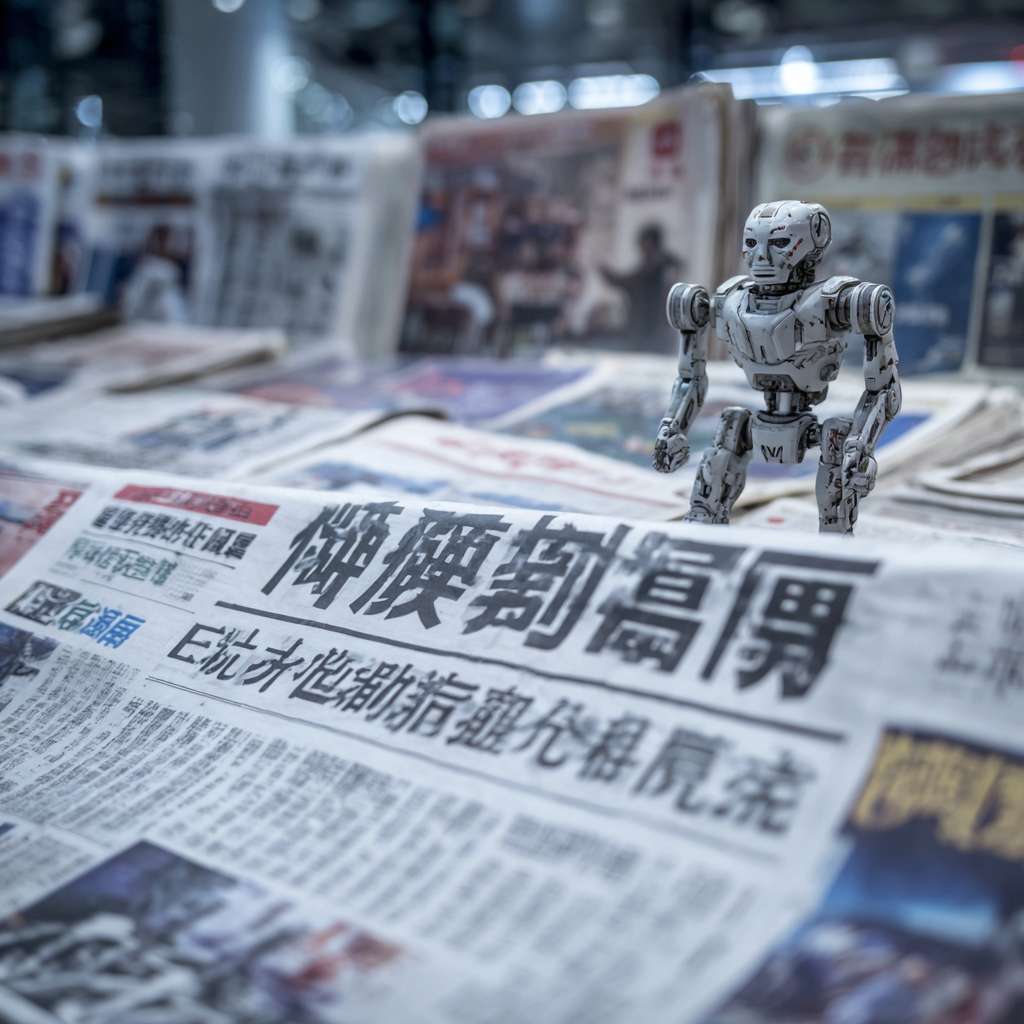 生成一幅新闻报纸的版面，新闻标题为机器人将完全取代人类劳动力 --ar 1:1 --v 7 --stylize 100 --fast --no 水印