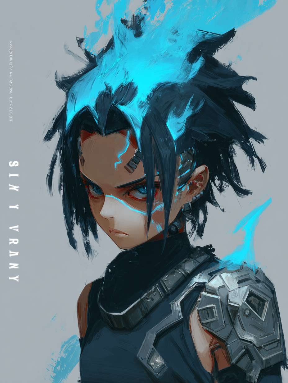 绘制一个男生要求如下头部设计：保留哪吒标志性的 “火焰感” 发型，黑色短发中挑染三缕明亮的蓝色火焰发丝，额前发丝微微上翘，模拟火焰飘动形态。左侧太阳穴处有一道银色机械接口，平时隐藏在发丝下，战斗时会弹出蓝色能量纹路，延伸至下颌。面部妆容简洁，仅在眼尾处用红色颜料绘制细小火焰图腾，眼神锐利，瞳孔在情绪激动时会泛出淡蓝色微光。
    上身设计：内搭黑色紧身速干衣，衣料上印有暗纹火焰图案。外覆银色分段式机械战甲，肩部装甲呈三角形，边缘有锯齿状设计（兼具防御与近战功能），装甲表面刻有红色古代符文（对应哪吒的 “混天绫” 元素。胸口是圆形能量核心，外层包裹透明合金罩，内部蓝色火焰状能量随呼吸起伏，核心下方印有 “云祥” 二字。双臂为可变形机械臂，，战斗时展开为银色机械结构，手掌心有凹槽，可凝聚火焰能量。
    下身设计：穿着黑色工装裤，裤腿侧边有拉链口袋，膝盖处装有黑色防撞护膝，护膝表面有蓝色电路纹路。腰部系着宽版黑色皮带，左侧挂着父亲遗留的摩托钥匙（金属材质，钥匙链是小型火焰吊坠），右侧挂着战术匕首（刀柄缠绕红色皮质绳，模拟混天绫质感）。脚部为黑色高帮机械战靴，靴底有防滑纹路，鞋跟处装有小型推进装置，靴筒外侧印有蓝色火焰标识。 --ar 3:4 --v 7 --stylize 100 --fast --no 水印