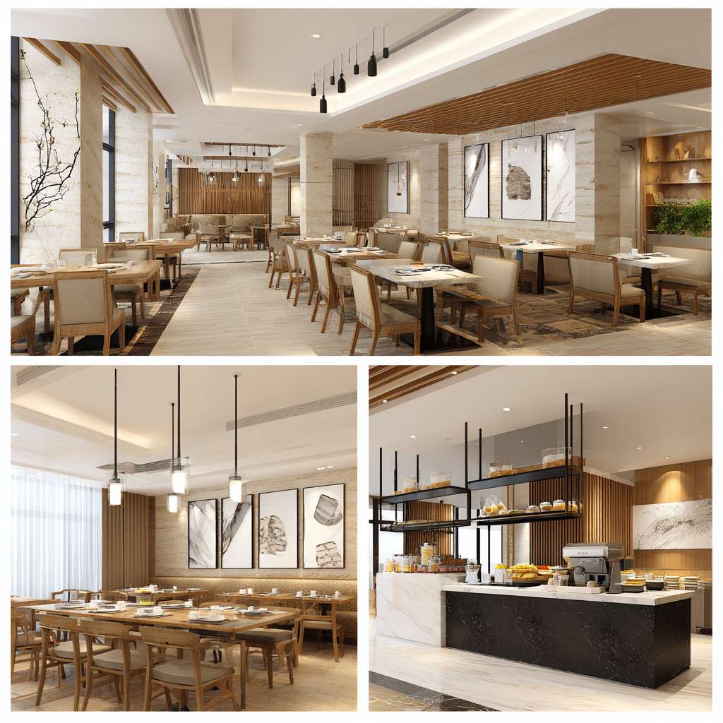 帮我设计五张真实汉庭酒店餐厅早餐高清宣传实拍照片 --ar 1:1 --v 7 --stylize 100 --fast --no 水印