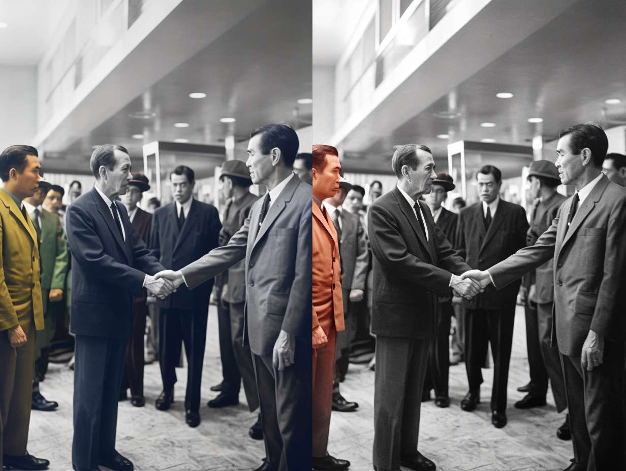 "1972 年尼克松与周恩来北京机场历史性握手黑白高清照片(左侧 60% 区域,人物清晰,保留历史质感),右侧 40% 红色篆章 ' 破冰 '(金石纹理,厚重字体),背景为淡灰色宣纸底纹 + 30% 透明度水墨长城剪影(墨色渐变),底部居中黑色毛笔书法主标题 ' 破冰:1972 尼克松访华 ',主标题下方灰色宋体副标题 ' 一张照片背后的外交风云 ',整体风格复古与现代结合,突出历史厚重感,图片比例 4:3,高清 8K,细节清晰"
补充参数 --ar 4:3 --v 5 --quality 2 --stylize 100 --fast