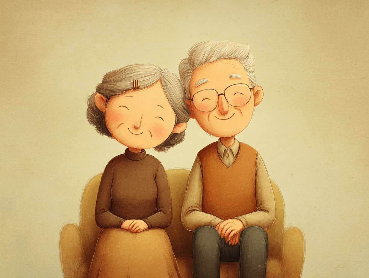 这幅卡通风格的数码绘画描绘了两位老人紧挨着坐在一起，表达着他们深情的爱意。左边的女士留着一头深色的短发，用一根小发夹别在脑后。她戴着眼镜，表情温暖开朗，双眼微闭，露出满足的微笑。她身穿一件简单的棕色高领长袖连衣裙，双手放在腿上。右边的男士留着灰白的短发，也戴着眼镜。他面带温柔的微笑，双眼微闭，双手交叉放在腿上。他身穿栗色背心、浅棕色衬衫和深色长裤。背景是柔和的米色渐变色，将视线聚焦在人物身上。这幅画的整体基调是温暖、爱与满足。流畅的纹理、清晰的线条和柔和的阴影增强了作品的卡通感和亲密感。 --ar 4:3 --v 7 --stylize 100 --fast --no 水印