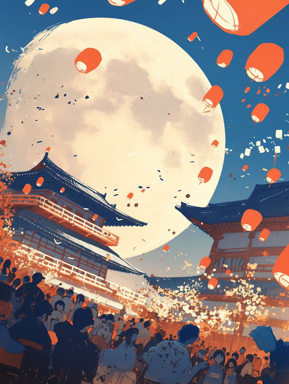 The background of the picture is a huge moon, and several children are playing with lanterns. The atmosphere is festive, and the moon is drawn with complex linear colored lines. The illustration is drawn with flat style colored lines, with red as the main color. It is an imaginative illustration, with a bird's-eye view, 64K, --ar 3:4 --stylize 1000 --fast --niji 6