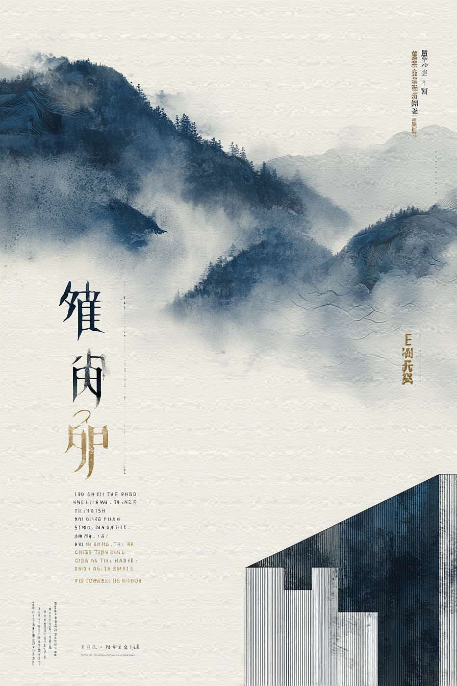 A sophisticated and serene poster design for "End of Heat" solar term. A backdrop of misty, ink-wash mountains, overlapped with precise, fine-line pen drawing of a modern architectural silhouette in light gray. Minimalist style. Typography in Chinese characters "处暑" and "暑气渐止,秋意筑新". Color palette: deep navy blue, off-white, black ink, a touch of gold for accent. --ar 2:3 --v 7 --style raw --stylize 100 --fast --no 水印