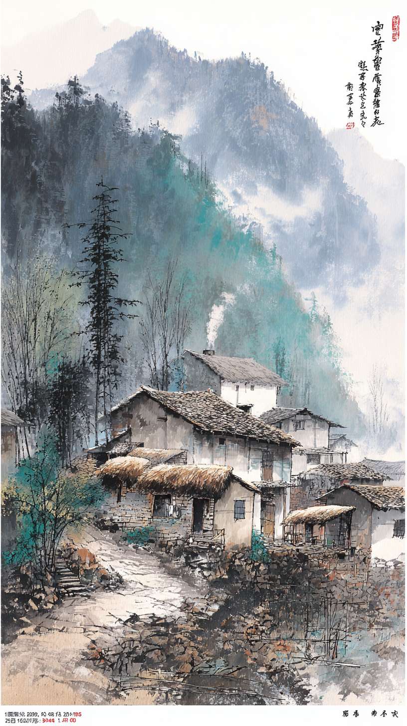 新手村-水墨风
750x1334px
构图:竖版全景,下方 2/3 为村落(3-4 间茅屋、竹篱笆、石板路),上方 1/3 为远山(层峦叠嶂)核心元素:- 茅屋:稻草屋顶(焦墨点画)、竹木结构(淡墨线条)- 炊烟:淡墨留白,呈 “S” 形飘散- 点缀:村口老槐树(浓墨枝干、淡墨树叶)、田埂小路
主色调:灰蓝色(R150-170, G160-180, B180-200)辅助色:- 屋顶稻草:暖灰色(R160-170, G150-160, B130-140)- 树叶:淡绿色(R140-150, G160-170, B130-140)统一适配:灰蓝色与其他场景主色调明度对齐(保持 30%-85% 区间)
1. 炊烟用 “淡墨晕染 + 留白” 技法,与竹林的薄雾笔触一致2. 茅屋线条粗细与武馆的木架线条保持统一3. 远山墨色层次与山间小路的云海层次一致
笔触参考:传统水墨画《富春山居图》(线条粗细变化、墨色层次)
色彩参考:游戏《仙剑奇侠传七》水墨风场景(淡雅色调、统一明度)
元素参考:动画《雾山五行》背景(竹林、山间场景的水墨质感) --ar 9:16 --v 7 --stylize 100 --fast --no 水印
