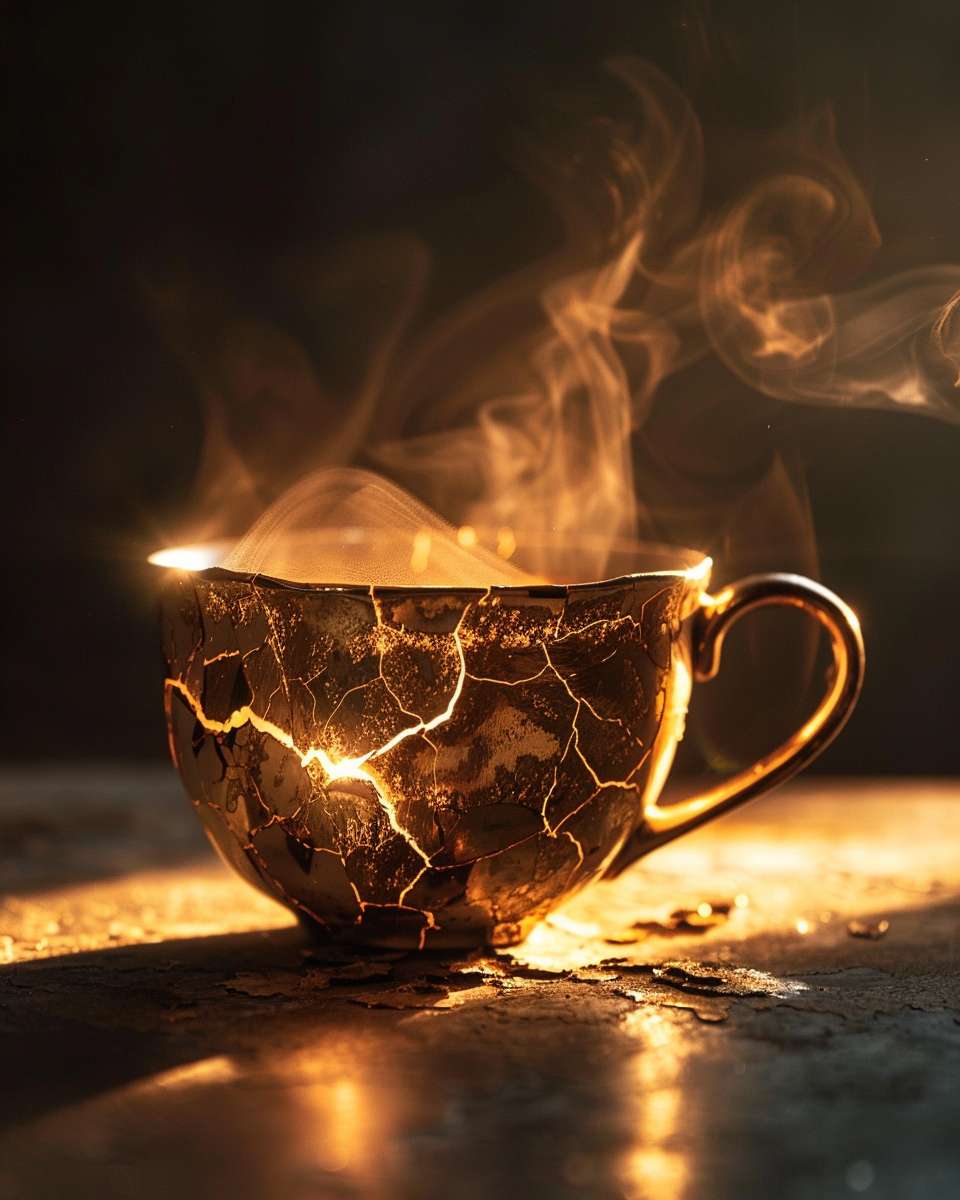 A cracked teacup perfectly holding steaming tea, golden light radiating from cracks, no text, wabi-sabi aesthetic --ar 4:5 --v 6 --stylize 100 --fast