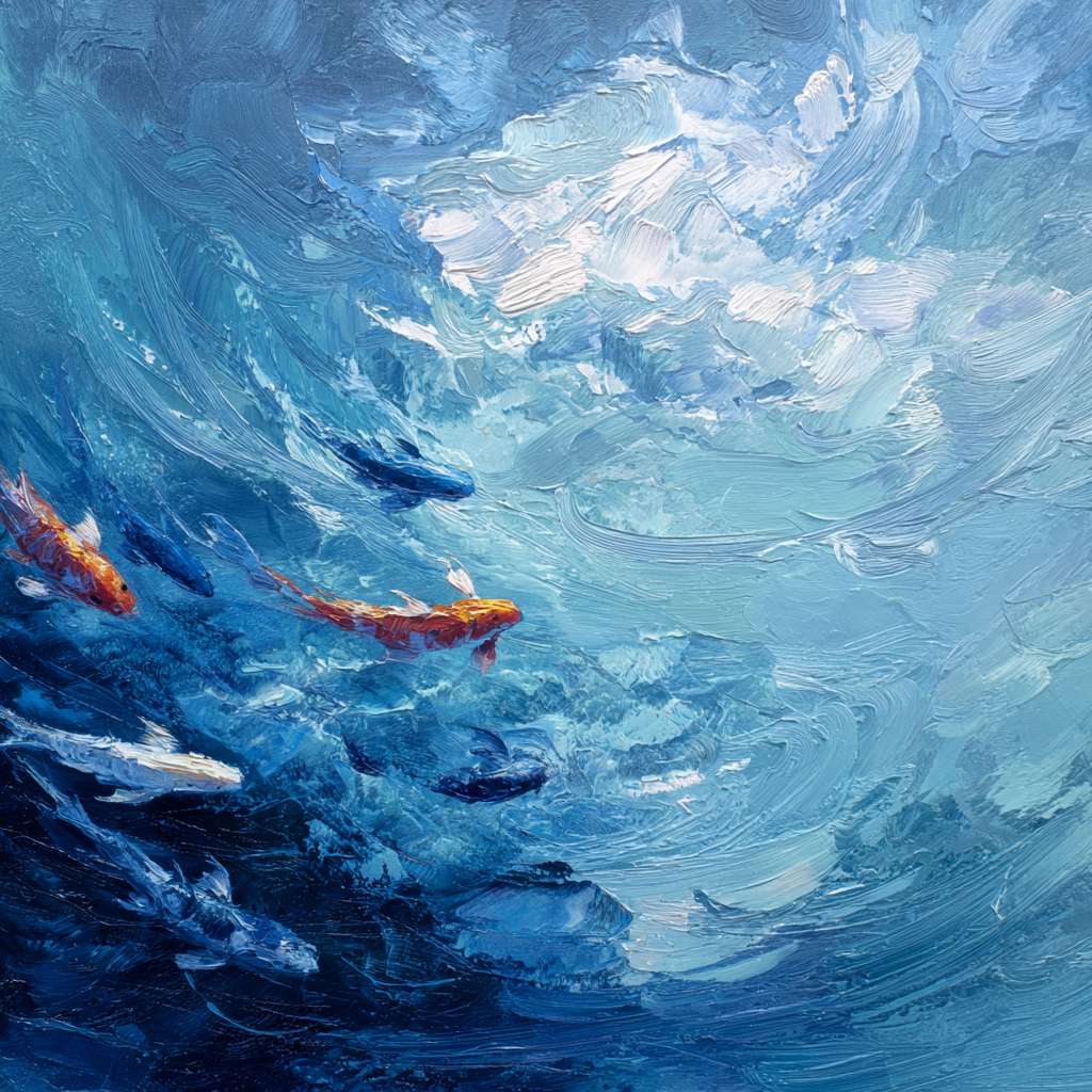 Dynamic blue sea with swirling light and koi gliding, brushwork blending loose washes and detailed strokes, abstract oil. --ar 1:1 --v 7 --stylize 100 --fast