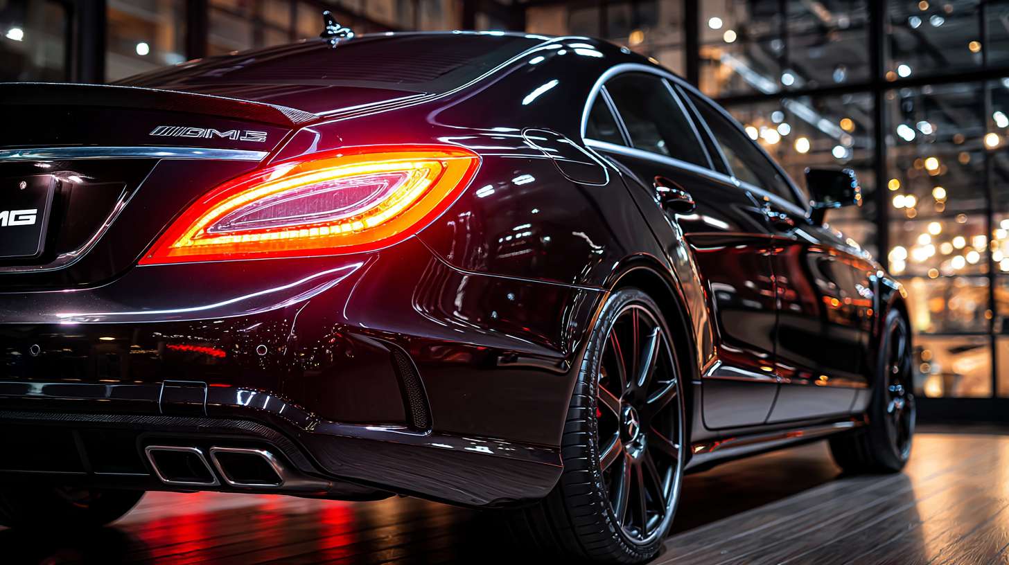 生成黑色车漆AMG CLS 63 S的震撼展厅主图，亮起尾灯 --ar 16:9 --v 7 --stylize 100 --fast --no 水印