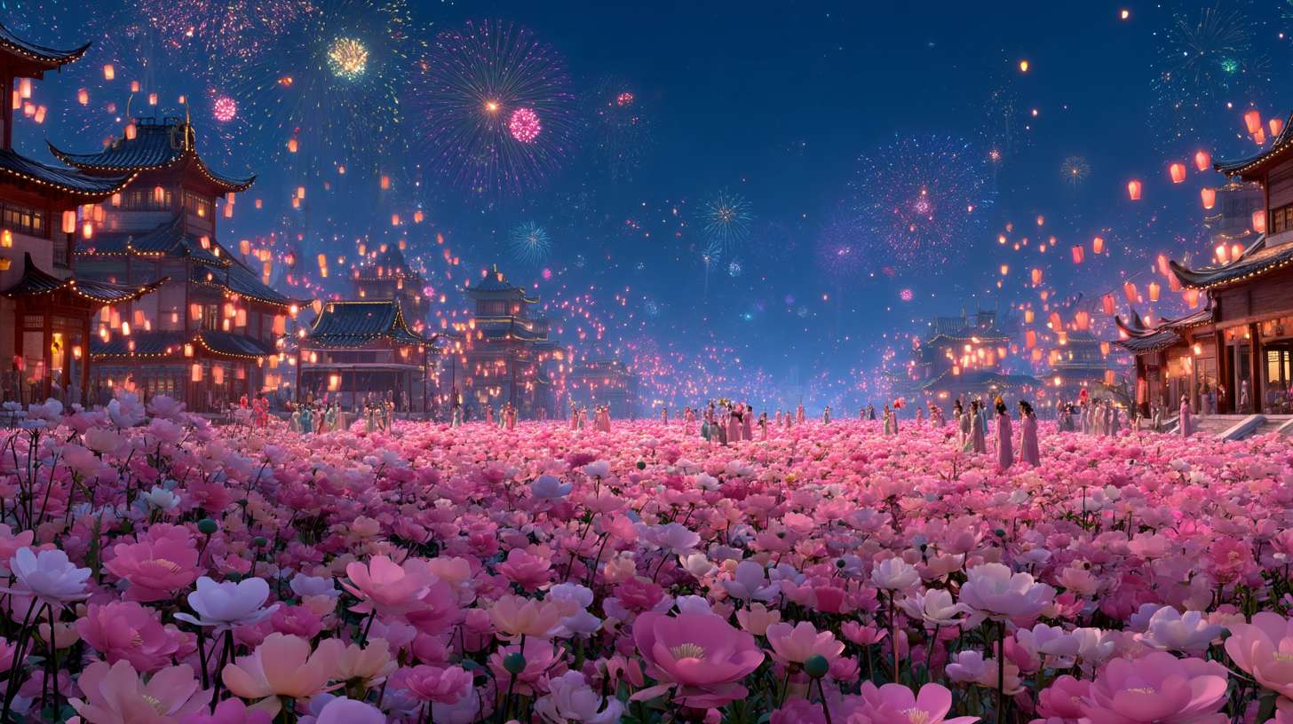 Unreal Engine 5 rendering, in this awe-inspiring scene of the ancient Luoyang Flower Festival, the composition centers on a vast sea of blooming peonies, surrounded by ancient-style pavilions, buildings, and winding corridors adorned with countless red lanterns, while the night sky is continuously lit up by colorful fireworks, the foreground features a celebrating crowd dressed in elegant Hanfu singing and dancing, the middle ground includes traditional Chinese architecture such as eaves-cornered pavilions, and the background blends deep blue starry skies with brilliant fireworks, in terms of color, vibrant reds, golds, and greens dominate, symbolizing luck and wealth, with the pink and white of the flowers sharply contrasting with the warm yellow of the lanterns, and the multicolored lights of the fireworks adding dynamic color variations, the lighting effects are exquisitely detailed, the soft glow from the lanterns casts warm shadows on people's faces and the ground, while the explosive flashes of fireworks create dazzling halos, contrasting with the cool moonlight to enhance the image's depth and dynamism, the entire scene is bustling and lively, with lanterns swaying gloriously, fireworks sparkling brilliantly, and the crowd cheering incessantly, as if transporting the viewer into a dreamlike ancient prosperous era filled with the charm of Chinese elements. --ar 16:9 --v 7 --c 20 --quality 4 --stylize 100 --fast