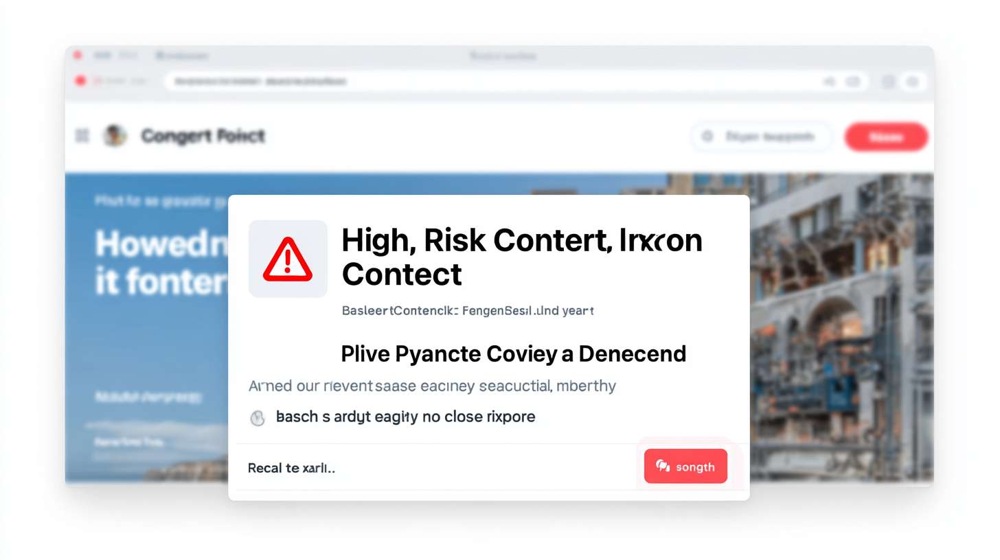 A browser window showing a social media feed, with a plugin warning box highlighting a post, displaying "High Risk: Privacy Content Detected" and "Based on your recent search history", modern clean UI, blue and red color scheme, browser extension icon in top right, realistic screenshot style --ar 16:9 --v 7 --style raw --stylize 100 --fast