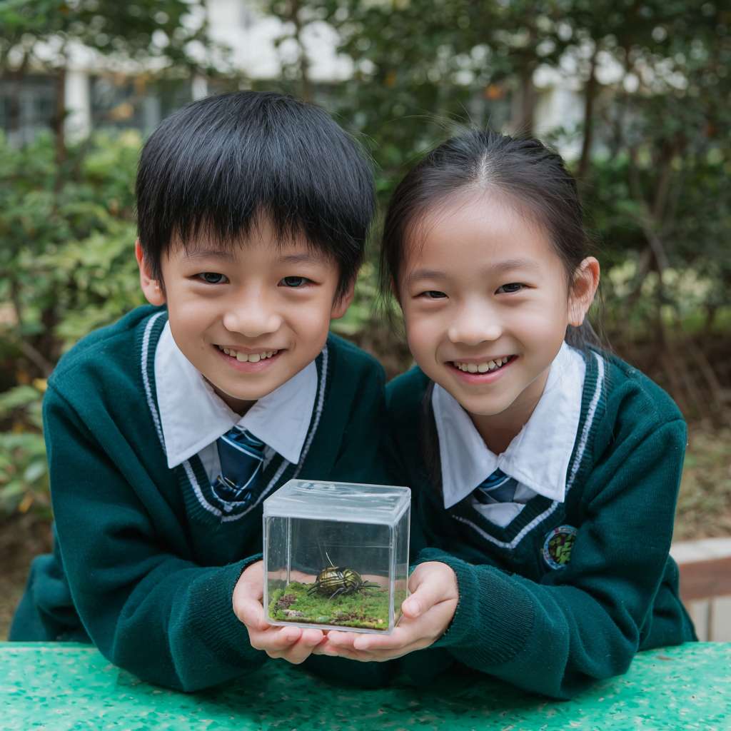 有2位穿著校服的華人小學生開心的表情雙手托起一個螢火蟲的正方體透明小盒子，盒子內的螢火蟲在青苔上發光 --ar 1:1 --v 7 --stylize 100 --fast --no 水印