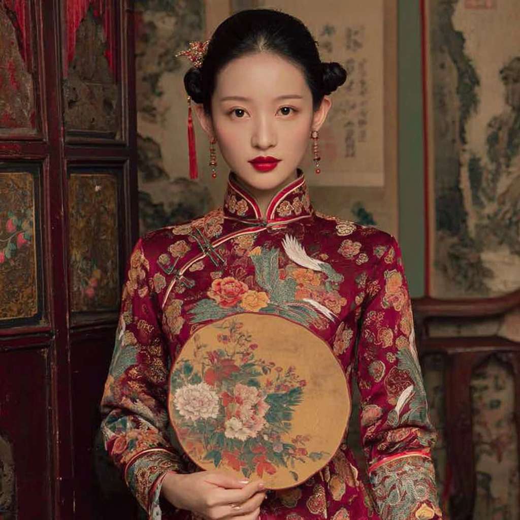 一个穿旗袍的东方美女，手拿一把扇子，对着镜头打招呼，面带微笑 --ar 1:1 --v 7 --stylize 100 --fast --no 水印