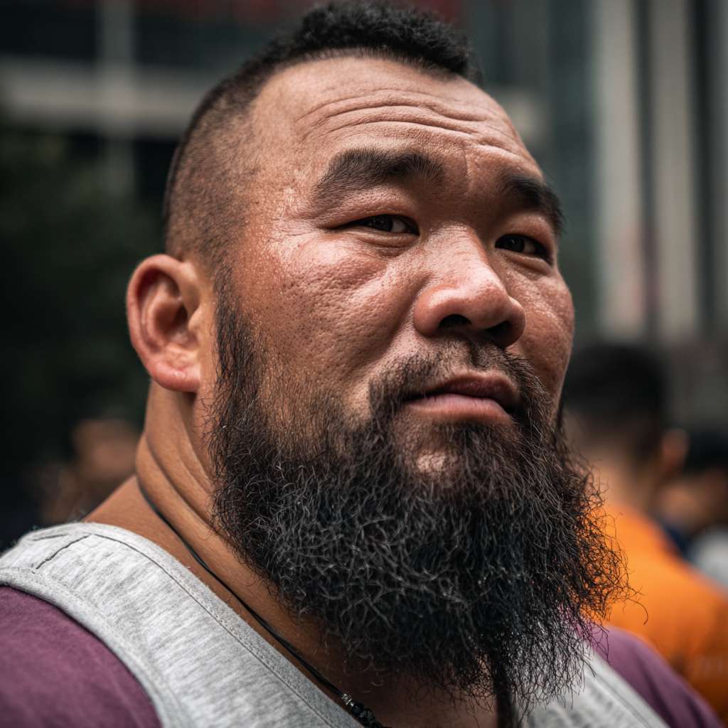 Chengdu muscular man with a round face, bearded, and wearing white socks --ar 1:1 --v 7 --stylize 100 --fast