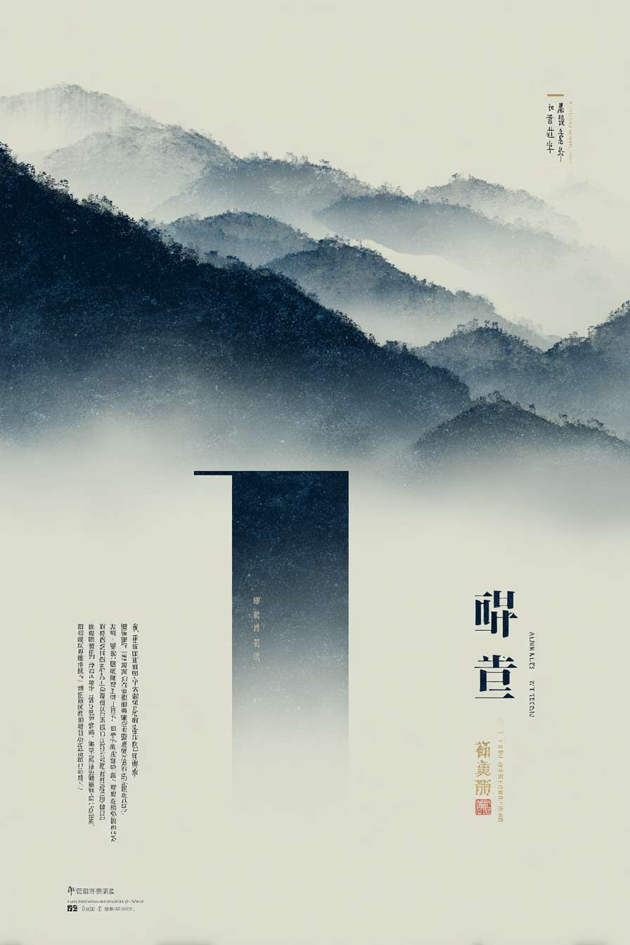 A sophisticated and serene poster design for "End of Heat" solar term. A backdrop of misty, ink-wash mountains, overlapped with precise, fine-line pen drawing of a modern architectural silhouette in light gray. Minimalist style. Typography in Chinese characters "处暑" and "暑气渐止,秋意筑新". Color palette: deep navy blue, off-white, black ink, a touch of gold for accent. --ar 2:3 --v 7 --style raw --stylize 100 --fast --no 水印