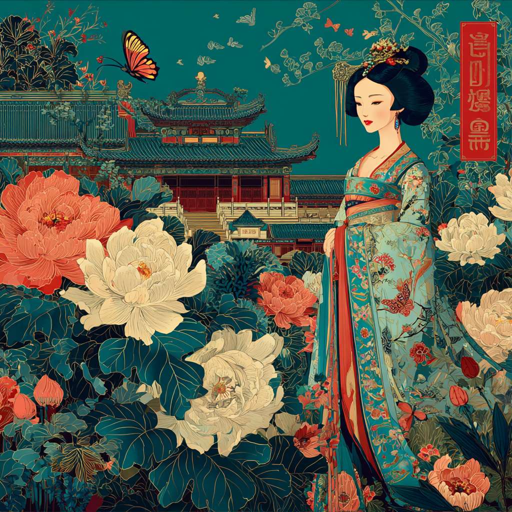 唐朝仕女, 全身像,矢量图, 牡丹花，蝴蝶，皇宫院落，极端的复杂性, 中国唐代永乐宫画, 刺绣 --ar 1:1 --v 7 --stylize 100 --fast --no 水印