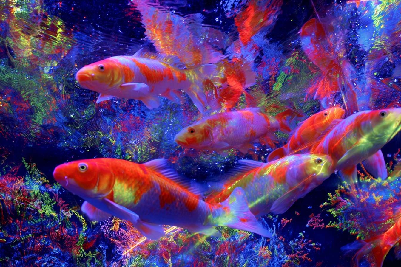 Vibrant underwater fantasy: blue water, 五彩光影，and energetic koi, 粗笔触 for texture, 细笔触 for movement, abstract. --ar 3:2 --v 7 --stylize 100 --fast --no 水印