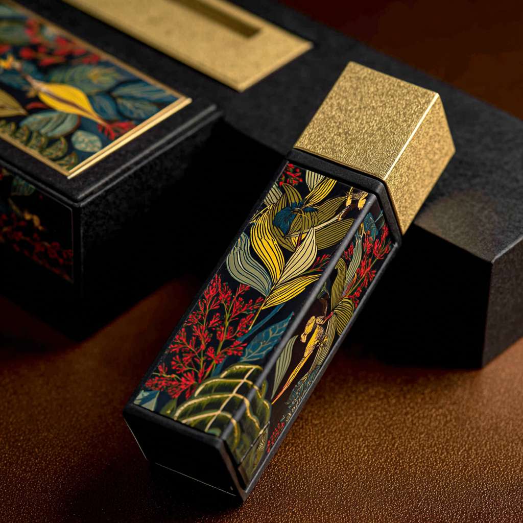 请绘制一个有磨砂质感的铁罐长方形，罐身为黑金色搭配，部分设计为黄精植物绘画图案，精美，色彩明亮，渲染为彩绘植物，颜色 灵感来源自太阳光下的植物，整体呈现质感而高档的色彩搭配。同时设计一个与罐子风格相匹配的高档质感的包装盒子，盒子大小适合放置此罐子，颜色与罐身相呼应，但适当加强质感及对比。以营造出去交感和空间感。请确保整个设计的渲染质量高，细节清晰，颜色饱满，以展示产品的高端质感。 --ar 1:1 --v 7 --stylize 100 --fast --no 水印