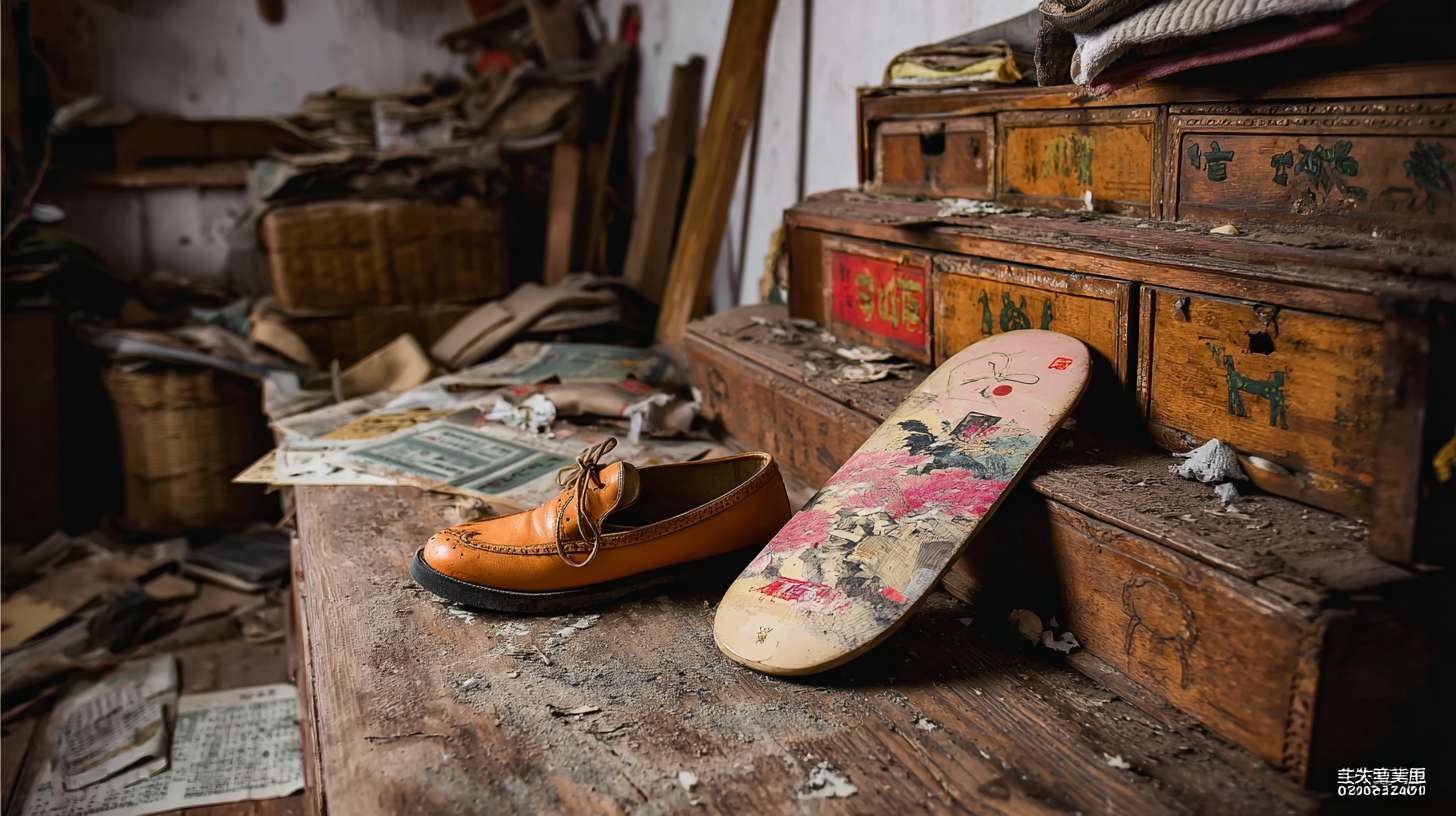 https://img-xpc-mj0.xpccdn.com/prod/upload/98677ad4-1d7d-4b12-b527-0e8a8f4f1793/%E6%8F%8F%E8%BF%B0%E6%9C%A8%E5%B1%90%E9%9E%8B%E5%9C%BA%E6%99%AF.png~tplv-5yakomv5zn-auto-v1%3A1024%3A0%3Aq75.jpg 单只木屐鞋在老宅阁楼，堆满旧衣柜，藤箱和散落的报纸， --ar 16:9 --v 7 --stylize 100 --fast --iw 1 --no 水印