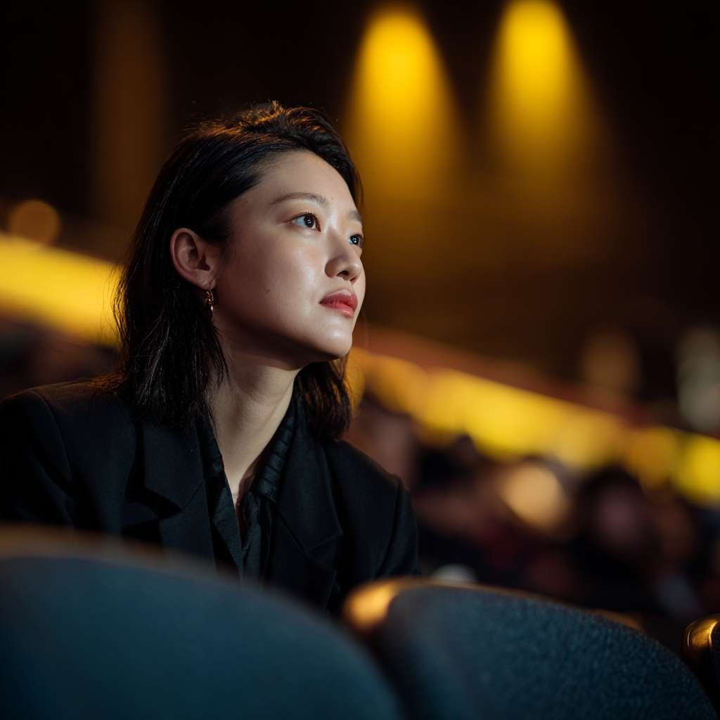 一个欧洲女人举着舞台射灯照亮舞台的灯光师，她表情认真地看着舞台，特写镜头，背景是暖色的舞台背景 --ar 1:1 --v 7 --stylize 100 --fast --no 水印