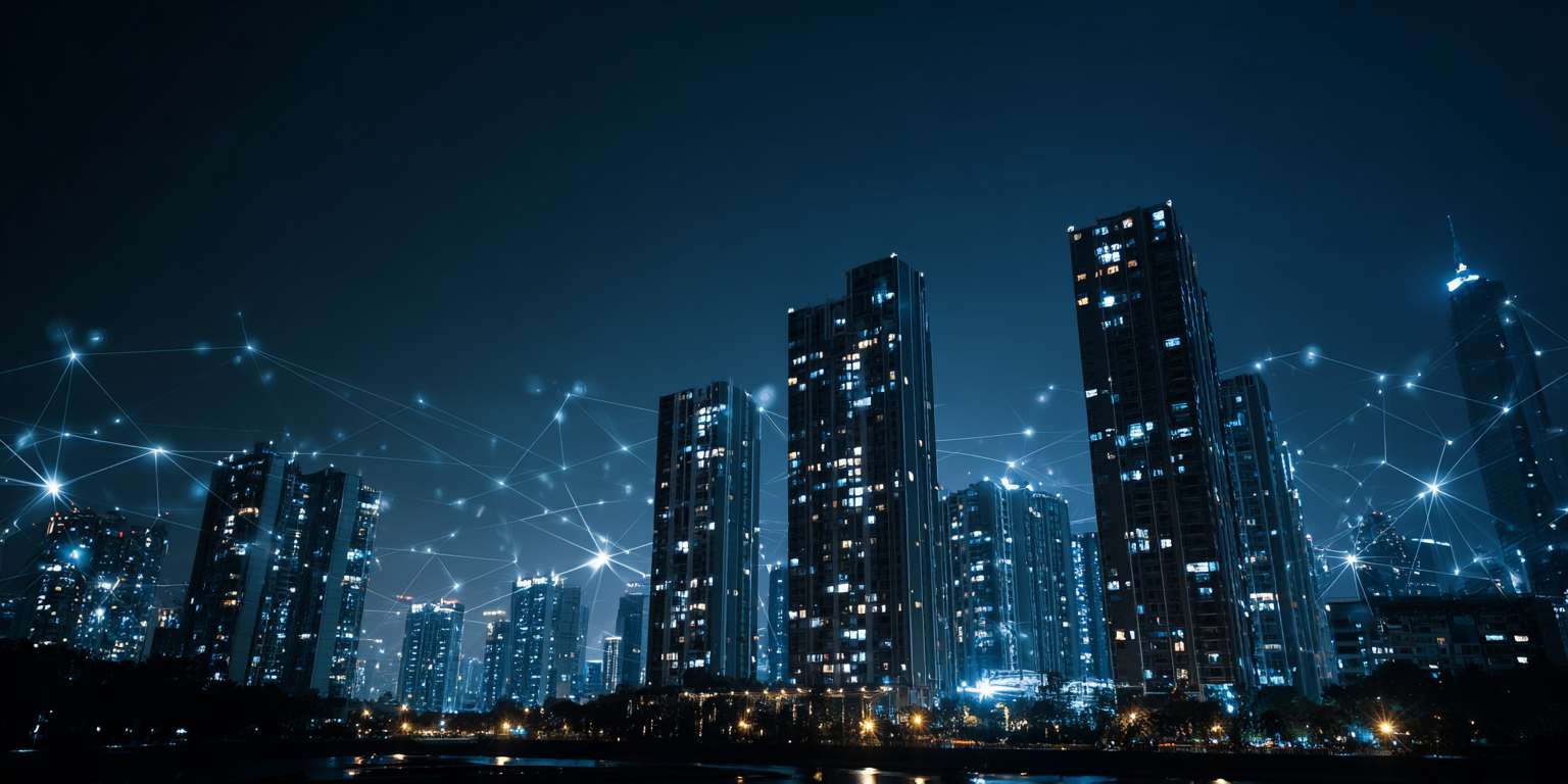 夜幕下的现代化城市中，高楼大厦林立，闪烁着点点灯光。空中浮现出由线条和光点构成的网络状虚拟连接，仿佛象征着城市中无处不在的信息交互，整体氛围科技感十足 --ar 2:1 --v 7 --stylize 100 --fast --no 水印