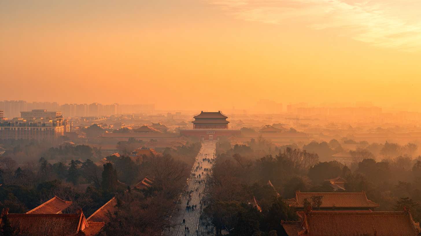 穿过云层,鸟瞰视角，天光破晓，暖黄色的清晨阳光，繁华的唐朝长安城，建筑是红色的材料建成。 --ar 16:9 --v 7 --stylize 100 --fast --no 水印