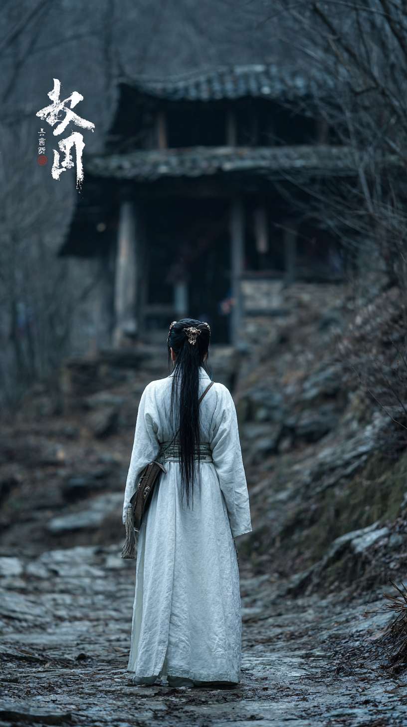 在深山里面，月光照亮着地面，一个身着白色衣服的书生，背着书箱，簪子盘着头发，外面下着雨比较阴暗，前面有点远的地方是一座破败的寺庙，背向镜头，远景镜头，写实一些的风格 --ar 9:16 --v 7 --stylize 100 --fast --no 水印