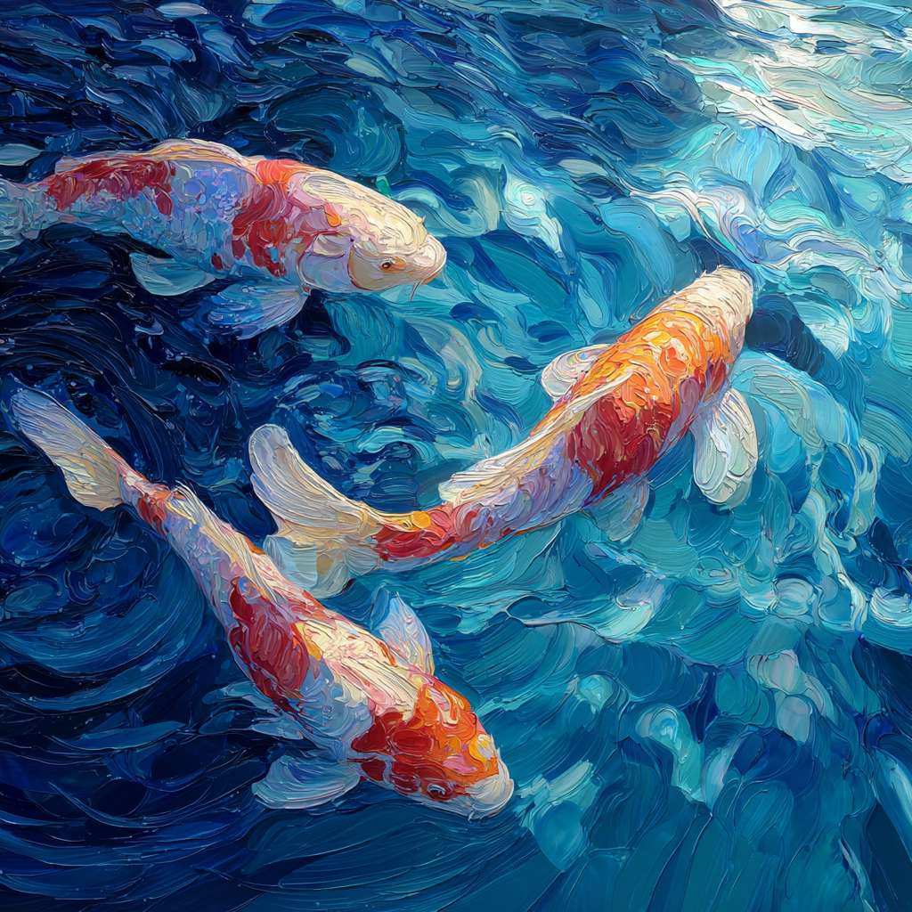 Surreal koi swimming in blue water with light ripples, thick brushwork for waves, thin strokes for iridescence, oil. --ar 1:1 --v 7 --stylize 100 --fast
