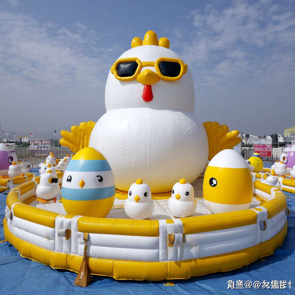 我要设计一个圆形的充气乐园，充气乐园是可爱的小鸡主题，主要配色有黄色白色，还有少量的粉色蓝色黑色作为装饰点缀，圆形充气乐园有一个巨大的可爱的小鸡作为主要标志，而且这个大的小鸡戴着卡通墨镜，圆形充气乐园的其他位置有可爱的圆形鸡蛋，也有充气造型的荷包蛋，还有三个可爱的迷你小鸡叠起来，还有一些充气的木质围栏，充气造型的鸡舍或者农家乐的元素，还有一些充气米粒充当小鸡啄米的场景，注意，以上描述的任何东西都是充气的 --ar 1:1 --v 7 --stylize 100 --fast --no 水印