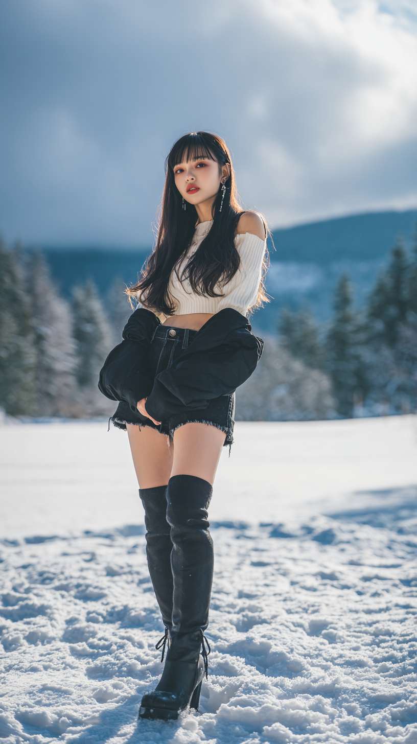 美少女，正面，长发，黑发，牛仔短裤，长腿，长靴，冬天，雪，雪地，雪山，光线 --ar 9:16 --v 7 --stylize 100 --fast --no 水印,水印