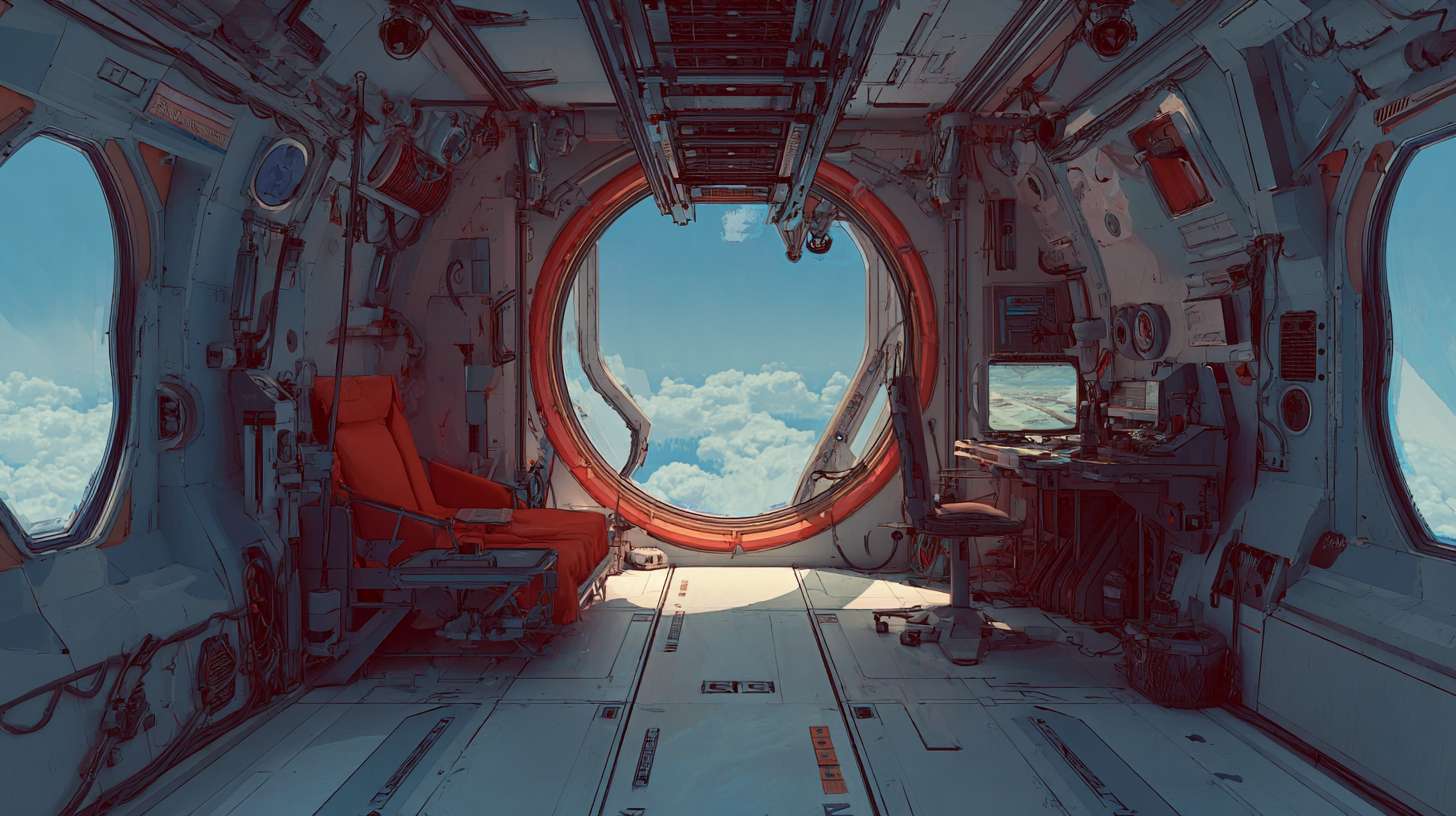 太空飞船，飞船舱内，立面图 --ar 16:9 --v 7 --stylize 100 --fast --no 水印