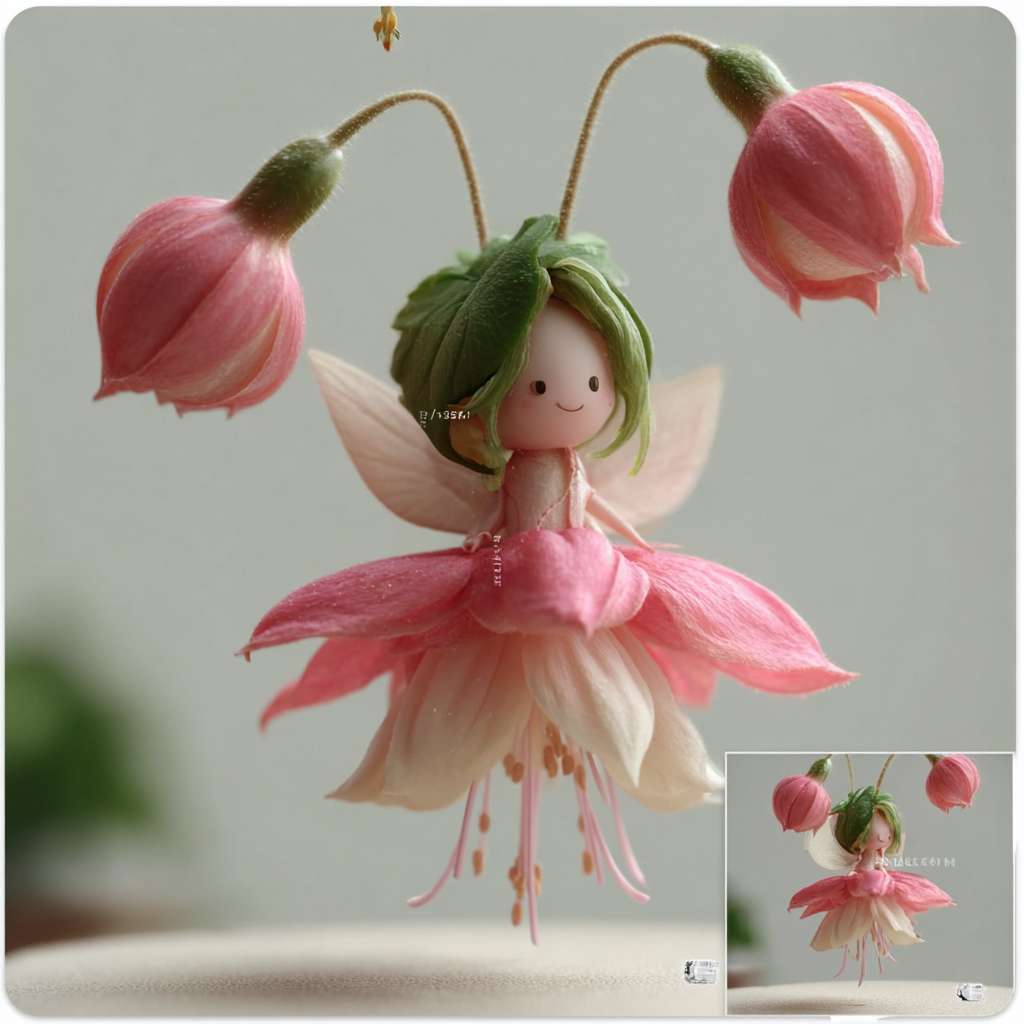https://img-xpc-mj0.xpccdn.com/prod/upload/b09af563-d2eb-4fad-bfcc-51310aa98986/1755076375737.jpg~tplv-5yakomv5zn-auto-v1%3A1024%3A0%3Aq75.jpg 根据这个图片生成一个超级可爱的女孩IP，模型，盲盒玩具，他头上是花托，一个可爱的倒挂金钟花精灵正在飞起来，他穿着粉色的裙子，绿色的头发，还有翅膀，非常可爱，衣服的下摆是粉和白色的，32K UHD，生动的面部表情，三视图，生成三视图，即前视图、侧视图和后视图，保持一致性和统一性，白色背景，3d渲染，oc渲染，最佳质量。 --ar 1:1 --v 7 --stylize 100 --fast --iw 1 --no 水印