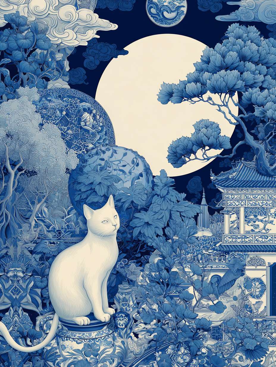 Mid-Autumn Festival Qingqing porcelain poster, a big moon and exquisite blue and white porcelain pattern with ancient Chinese architecture and traditional decorative patterns. The cover is set against the backdrop of nature, with a big moon, clouds, trees, flowers, animals or birds and other elements representing oriental culture. The dark background, simple style, a whimsical cat sits gracefully among these elements, adding charm and interest. ,Cthing art style --ar 3:4 --v 7 --stylize 100 --fast