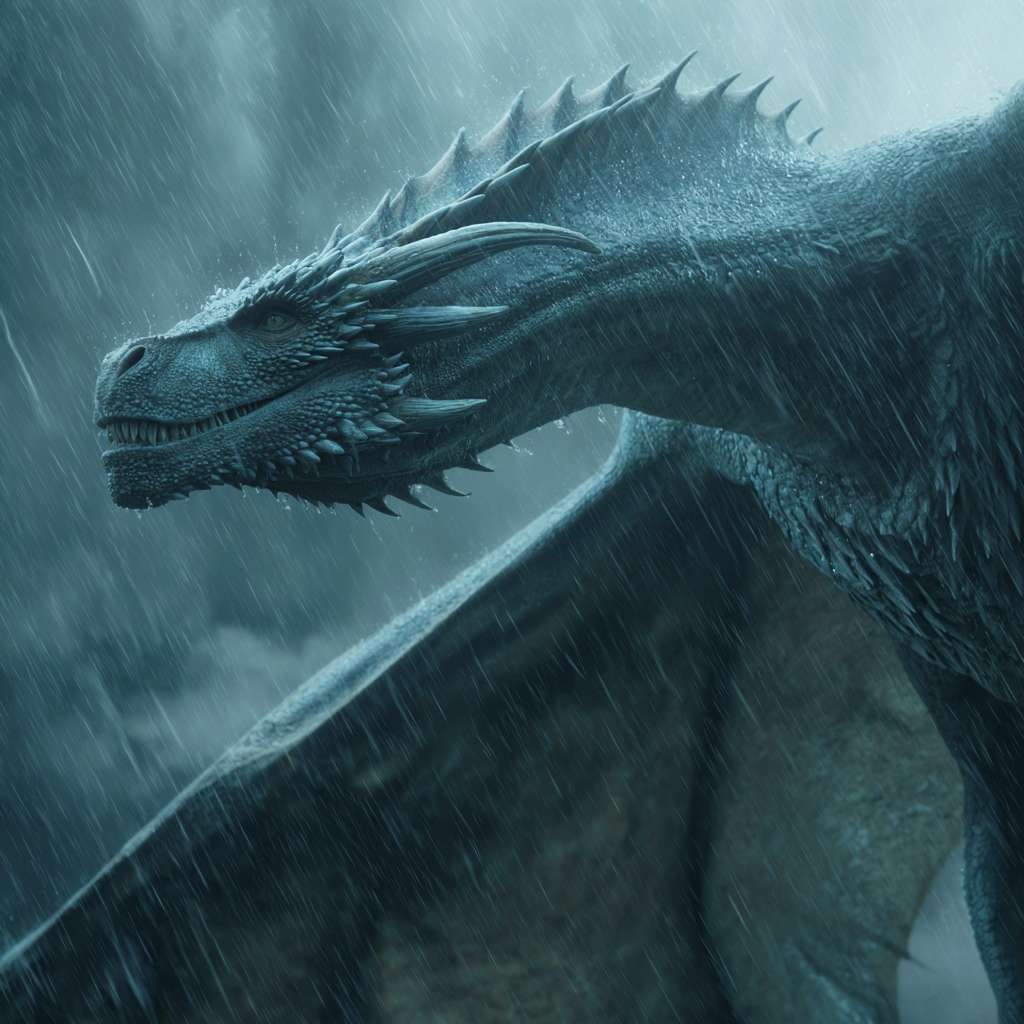 超写实 4K ，一只细节丰富的白龙在暴雨中穿行，每一片鳞片都反射着周围的光线与雨水。水珠附着在龙角与翅膀上，龙翼有力扇动，驱散雨滴与云雾。特写镜头展现龙的皮肤纹理与肌肉运动，中景镜头呈现龙在云层间穿梭的完整身姿。真实的雨水物理效果，空中可见雨滴飞溅与涟漪，光线完全遵循闪电与阴天的自然规律。 --ar 1:1 --v 7 --stylize 100 --fast --no 水印