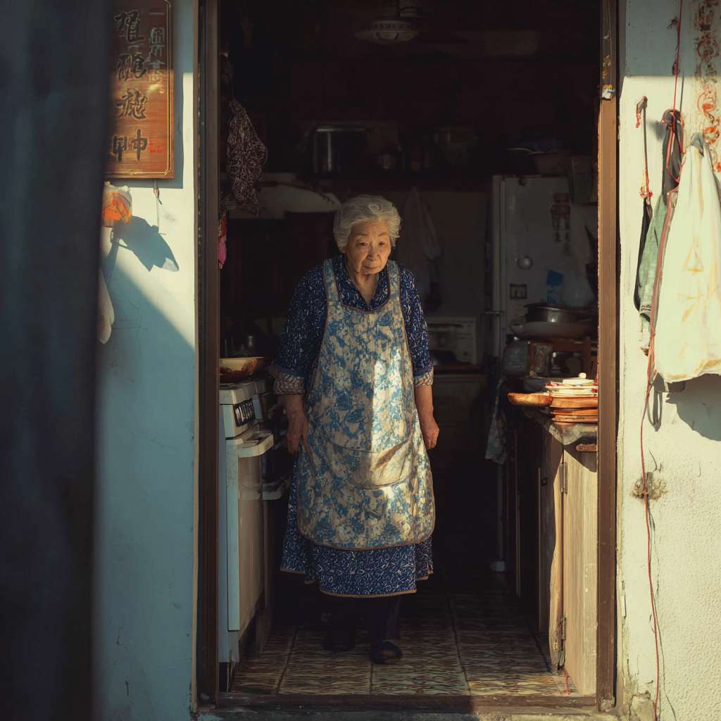 奶奶系着围裙从屋里走出 --ar 1:1 --v 7 --stylize 100 --fast --no 水印