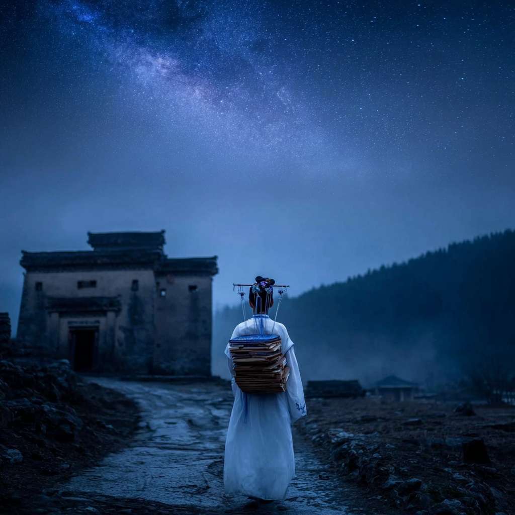 参考图中构图，在深夜的深山里面，月光照亮着地面，一个穿着白色衣服的书生，簪子盘着头发，背着书箱，外面下着雨比较阴暗，前面有点远的地方是一个破败的寺庙，背面，远景镜头，写实风格 --ar 1:1 --v 7 --stylize 100 --fast --sref https://img-xpc-mj0.xpccdn.com/prod/txt2img/a18f0080-5f89-4bcb-8bde-78c3b4ebdf67/65761f06-7ade-41a6-83ab-1de7eea720d7_0_0.png~tplv-5yakomv5zn-auto-v1%3A1024%3A0%3Aq75.jpg --sw 910 --no 水印