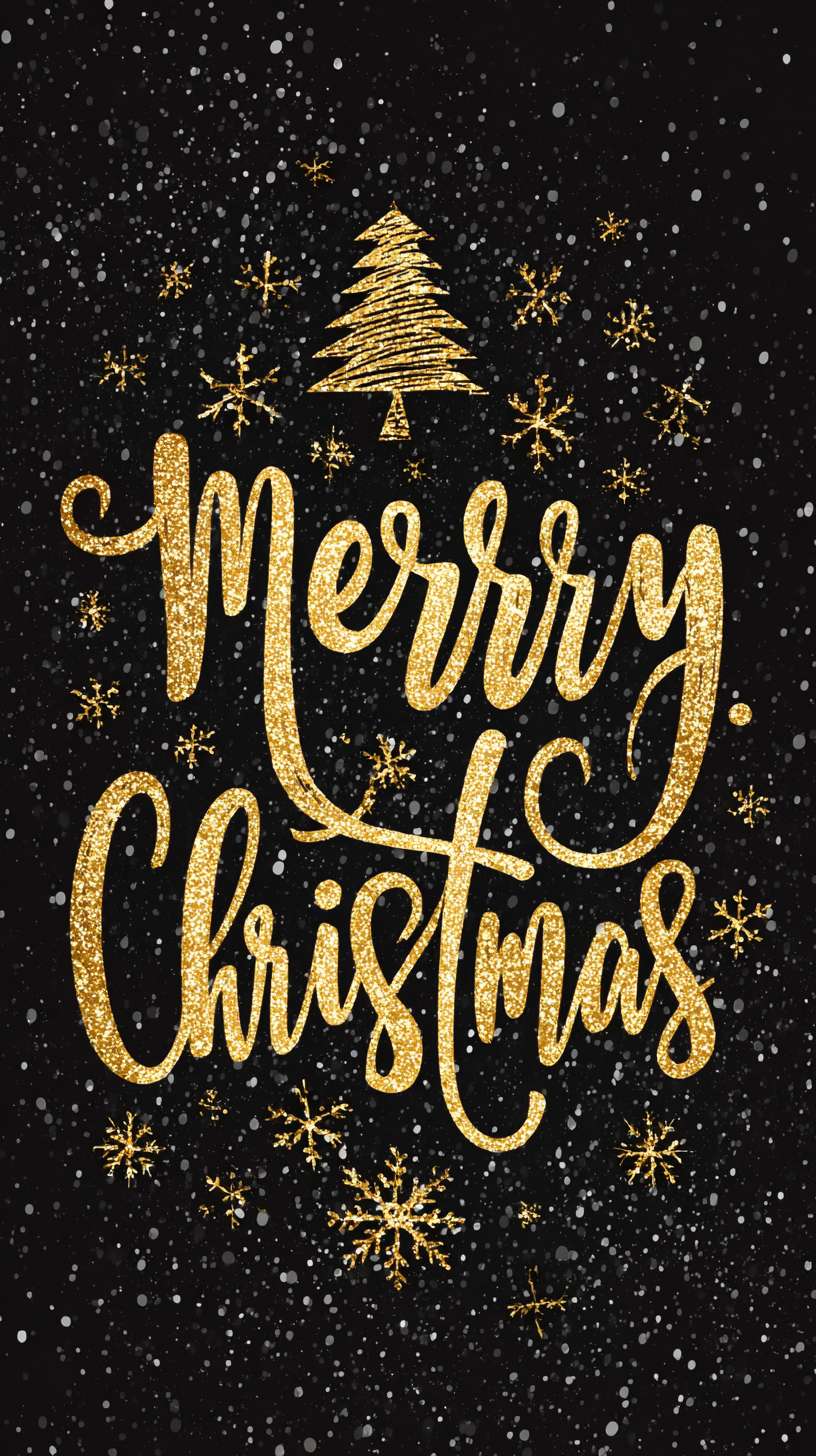 6黑色背景，金色渐变字体 “Merry Christmas”，周围有飘落的雪花特效，字体下方有小圣诞树图案 --ar 9:16 --v 7 --stylize 100 --fast --no 水印